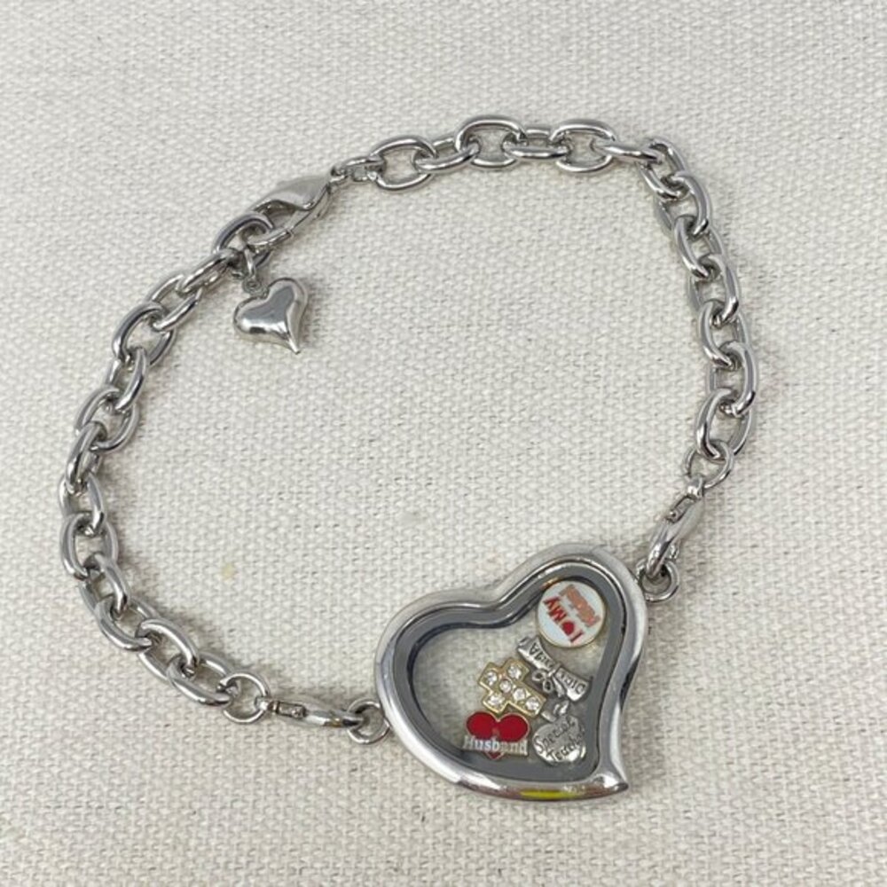 Heart Locket Bracelet Floating Charms Love Personalize Silver-Tone Mom Teacher